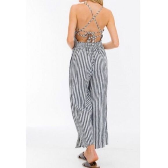 OLIVACEOUS STRIPED OPEN BACK LINEN JUMPSUIT SMALL - Picture 5 of 8
